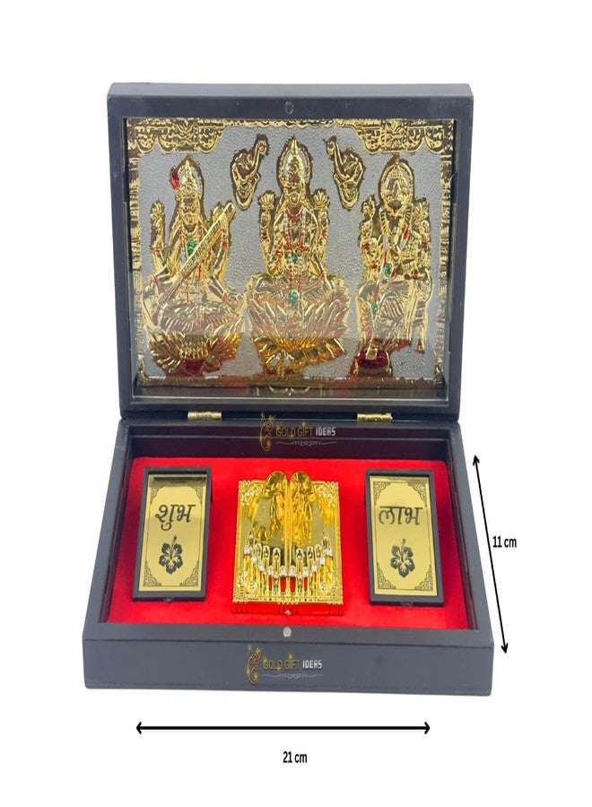 GoldGiftIdeas إطار صور GoldGiftIdeas مطلي بالذهب عيار 24 قيراط لاكشمي غانيشا ساراسواتي مع صندوق شاران بادوكا، مومنتو خشبي من LGS كهدية إرجاع (نحت Shubh Labh)، هدايا الانتقال لمنزل جديد - Image 4